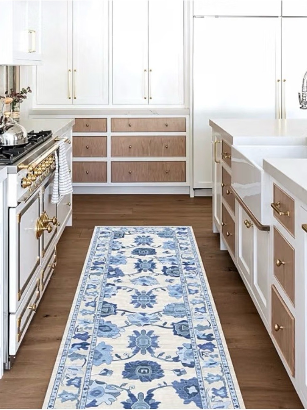 🌸H50 - Fame Blue Floral Runner Rug for Kitchen - Cream & Blue💙(STRG)